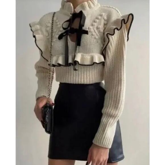 Zara Bow Tie‎ Knit Ruffle Sweater Size Medium 5802/008/064 - Picture 1 of 13